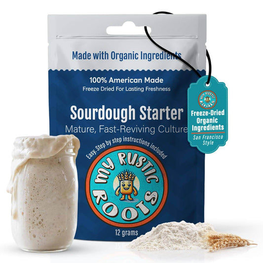 Organic, Non GMO Mature Sourdough Starter 12 grams in eco-friendly packaging with a jar of starter culture.