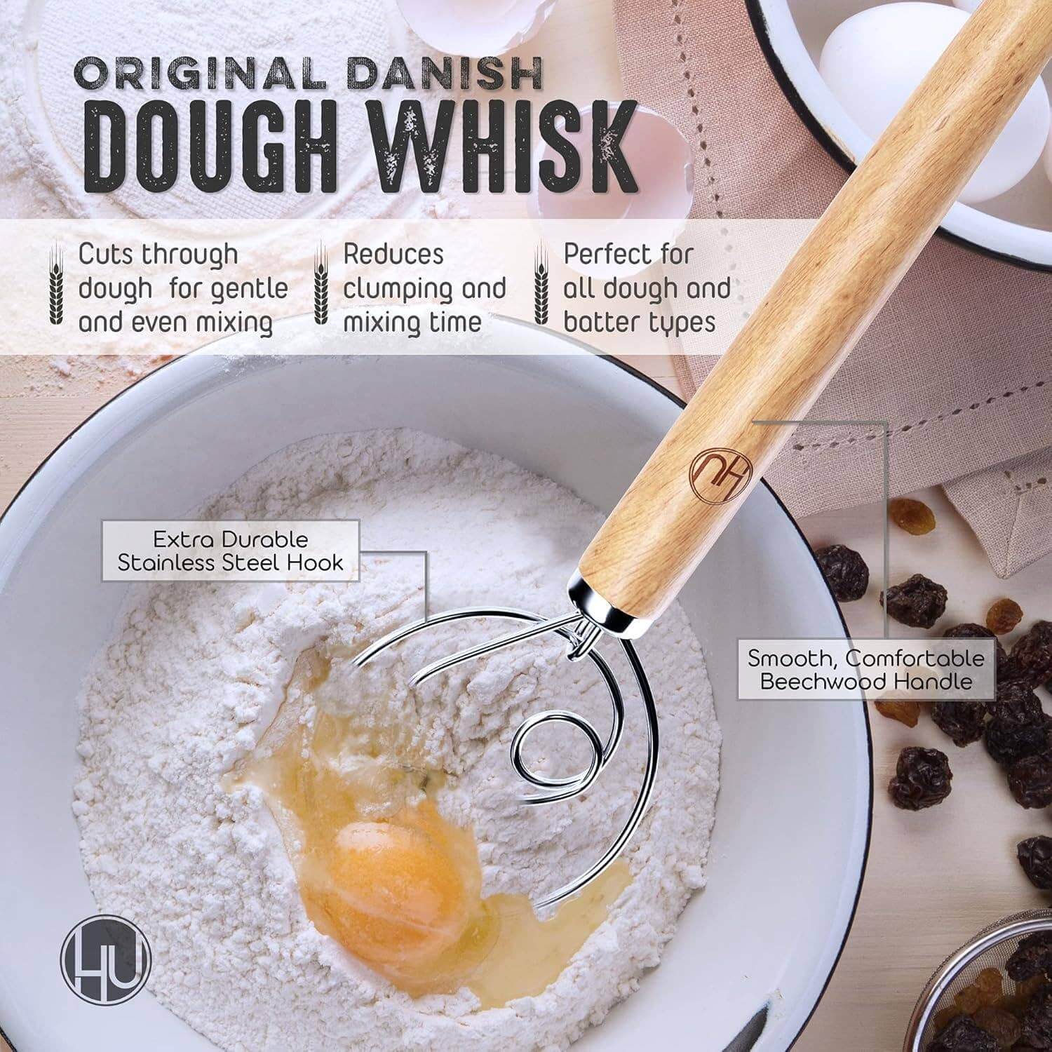 LHU - Bread Making Tools: Original Danish dough whisk in a bowl, perfect for easy mixing of dough and batters.