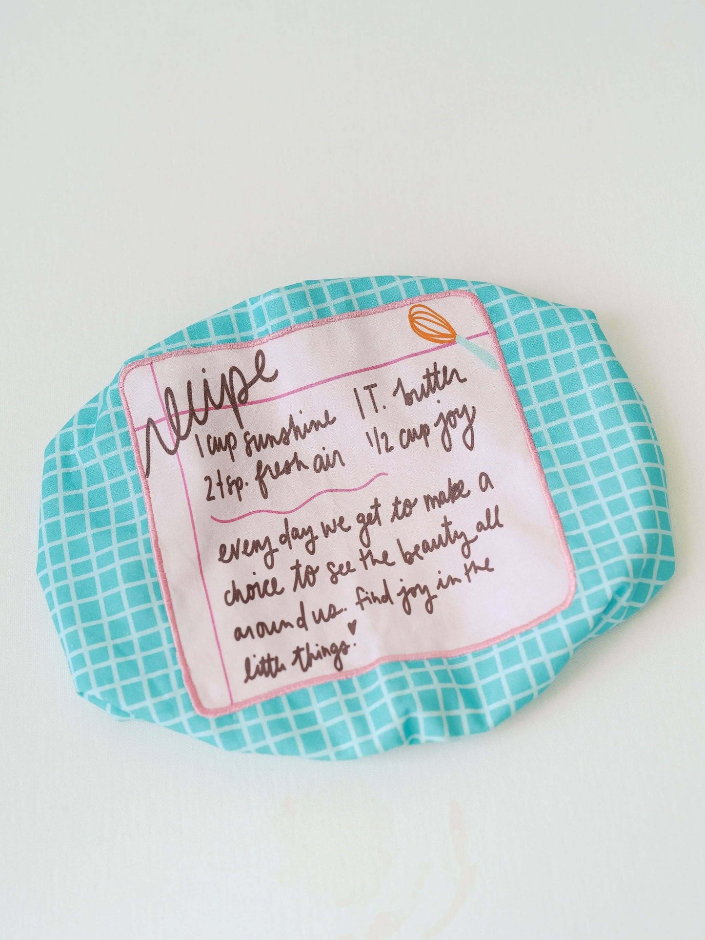 Recipe for a Happy Heart 10x14 Baking Dish Cover | Baking with cheerful hand-lettered recipe and grid pattern.