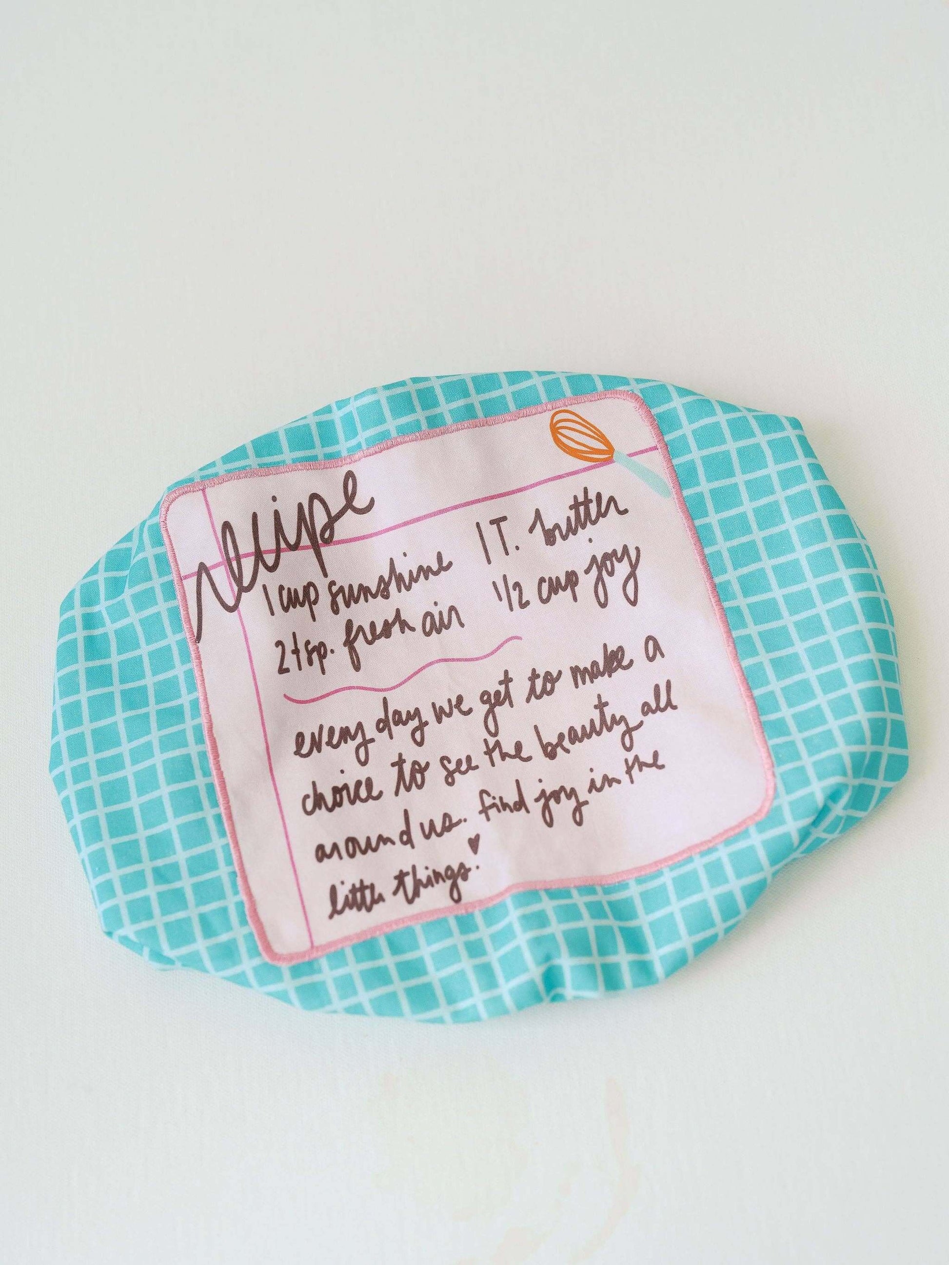 Recipe for a Happy Heart 10x14 Baking Dish Cover | Baking with cheerful hand-lettered recipe and grid pattern.