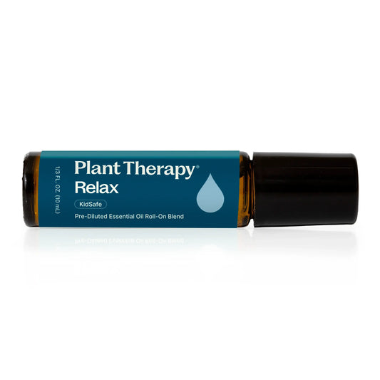 Plant Therapy Relax essential oil blend roll-on for tranquility and emotional support, pre-diluted for convenience.