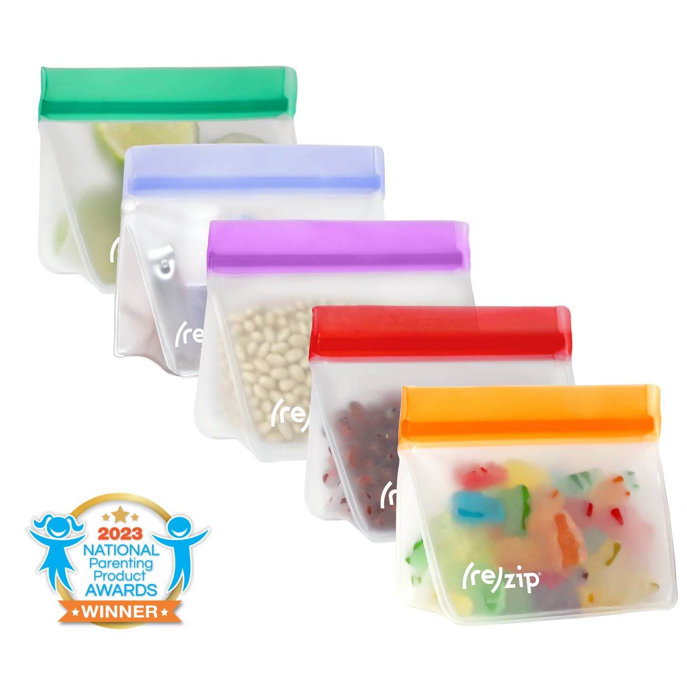 Reusable Stand-Up Storage Bags - Small - 5 Pc Set - Eco-Friendly featuring colorful zip bags for snacks and storage.