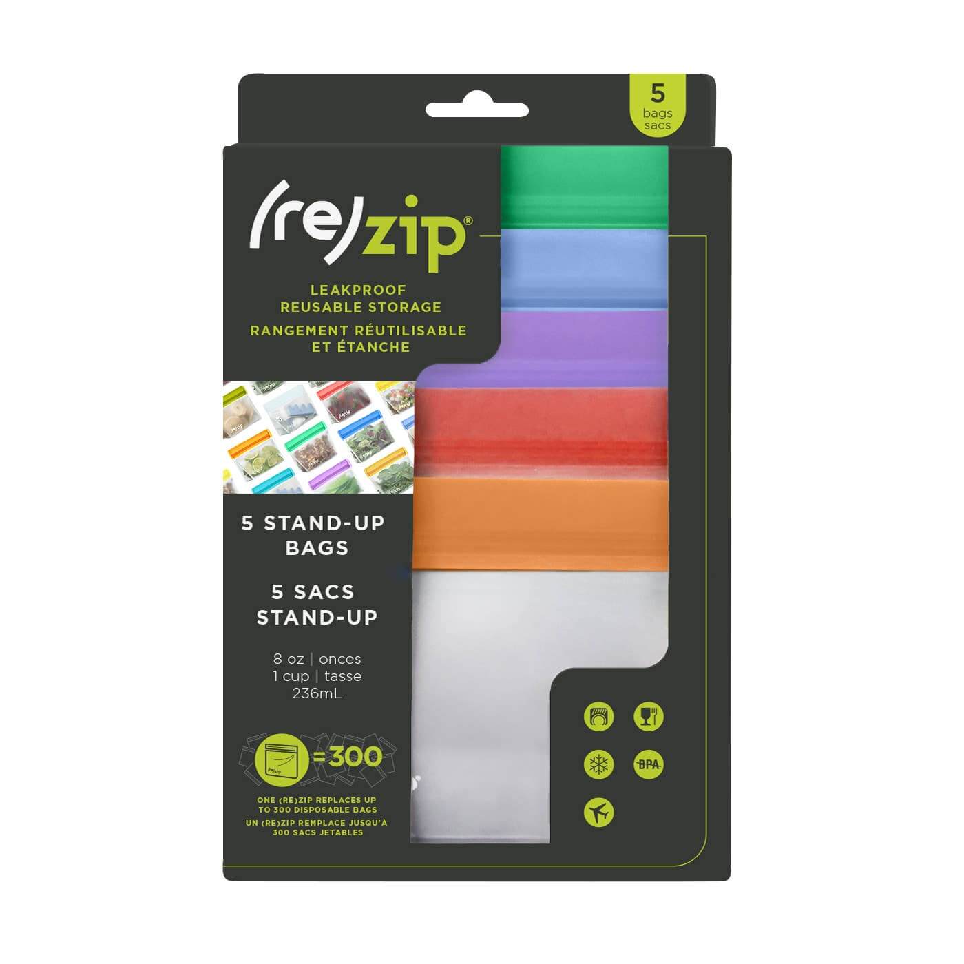 Reusable Stand-Up Storage Bags - Small - 5 Pc Set - Eco-Friendly packaging showcasing five colorful stand-up bags.