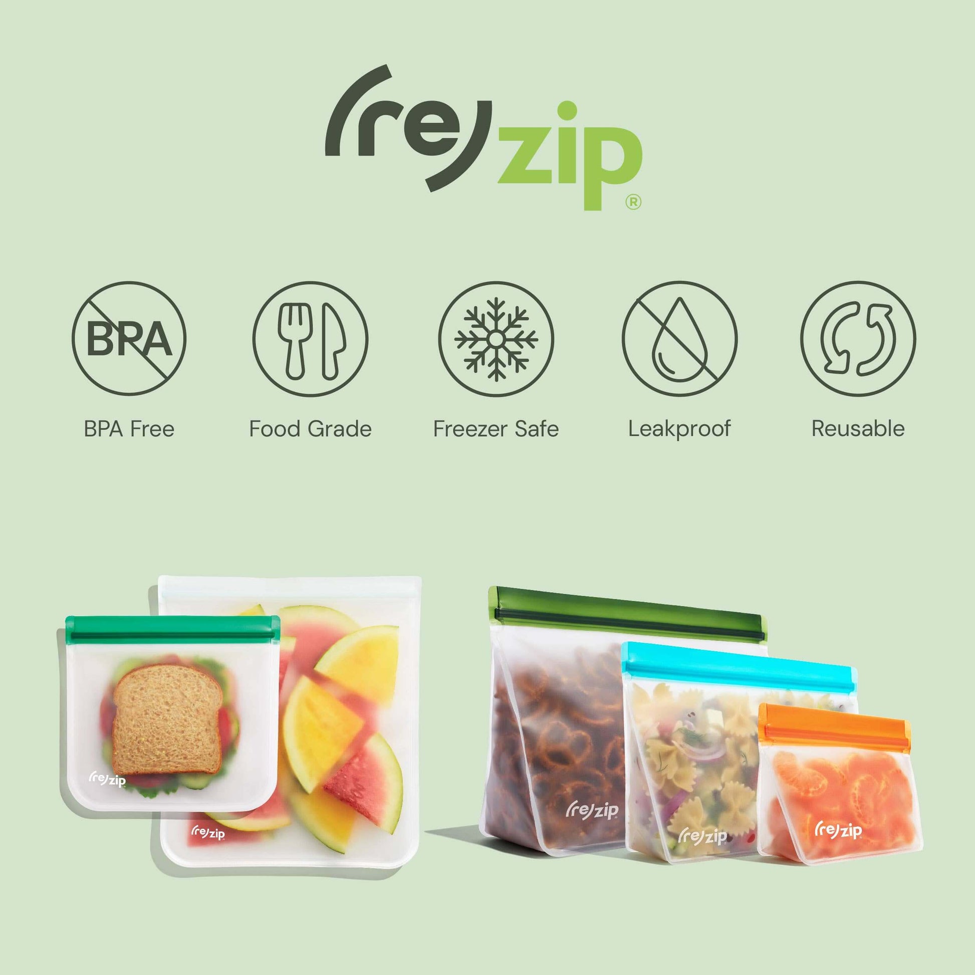 Reusable Stand-Up Storage Bags - Small - 5 Pc Set - Eco-Friendly displayed with food safety icons.