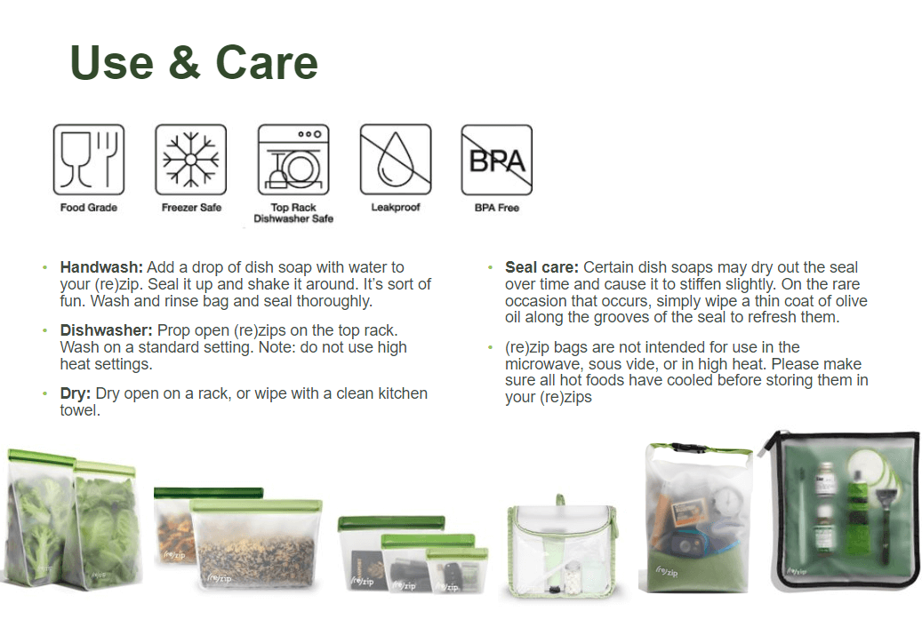 Use and care instructions for Reusable Stand-Up Storage Bags - Small - 5 Pc Set - Eco-Friendly.