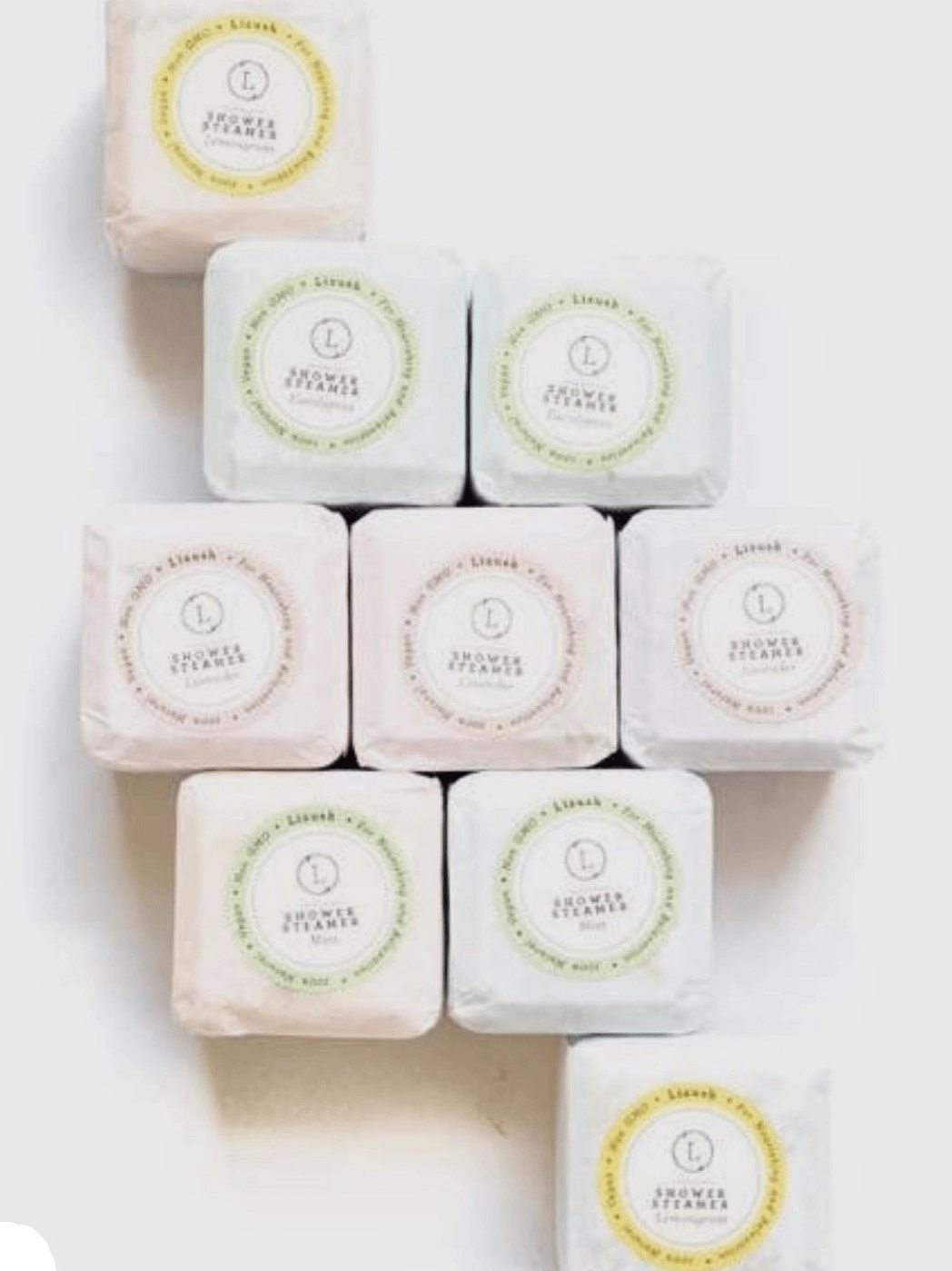 packaged shower steamers (lemongrass, mint, lavender and eucalyptus)