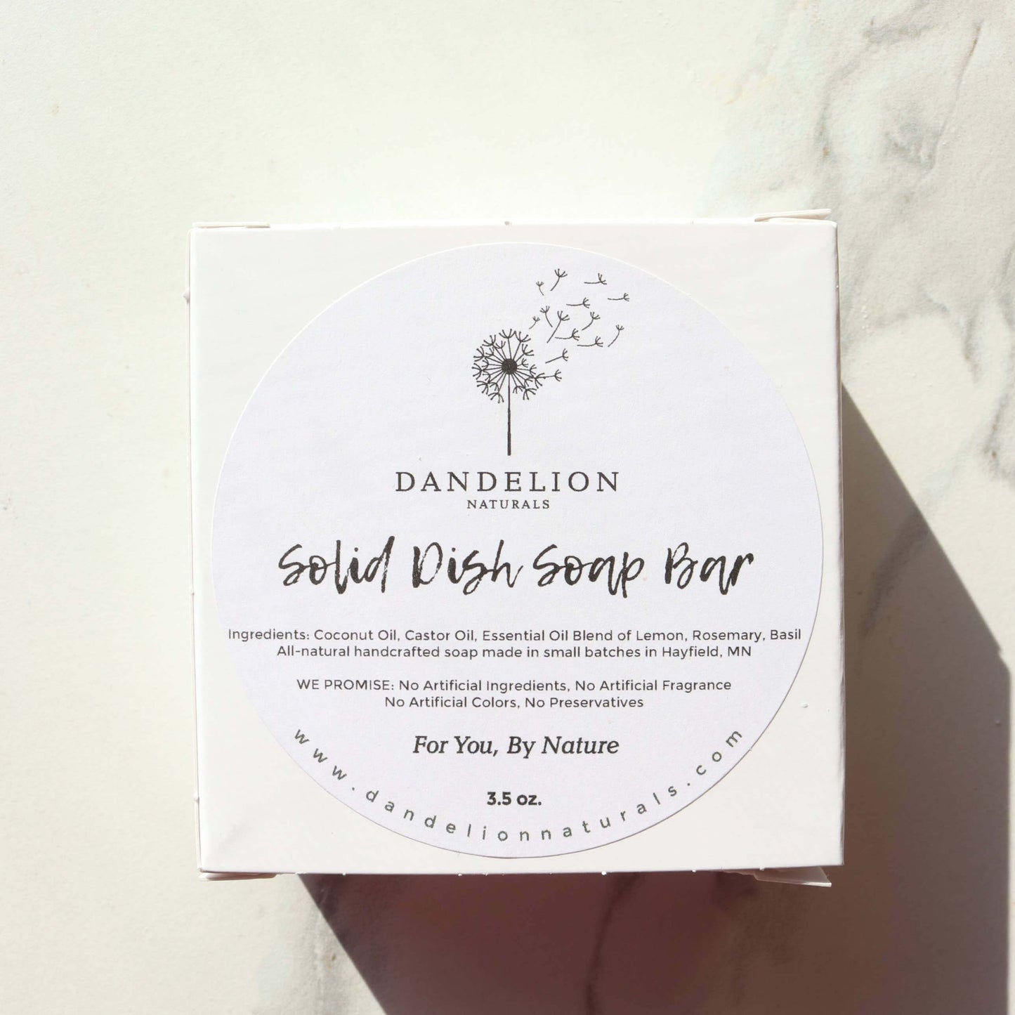 Solid Dish Soap Bar by Dandelion Naturals with eco-friendly ingredients and minimal packaging.