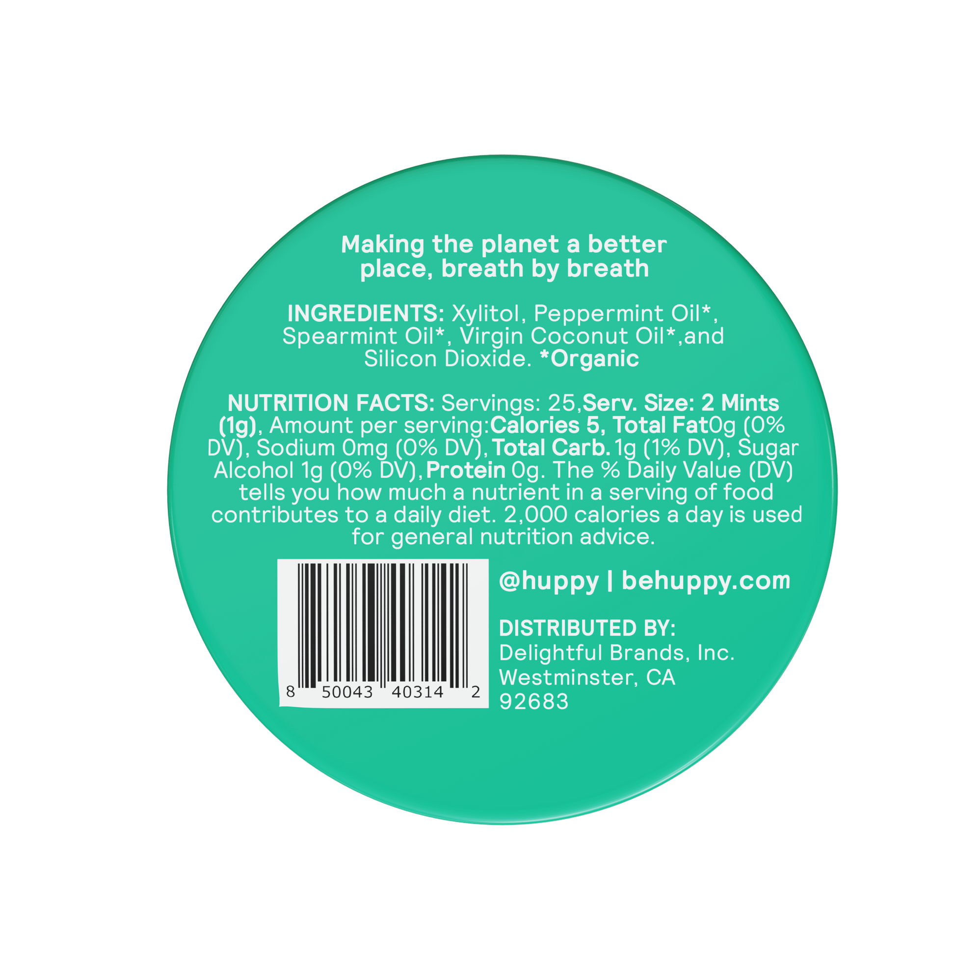 Sugar-Free Breath Mints | 50ct | Fresh Mint Blend: back of packaging with ingredients and nutrition facts.