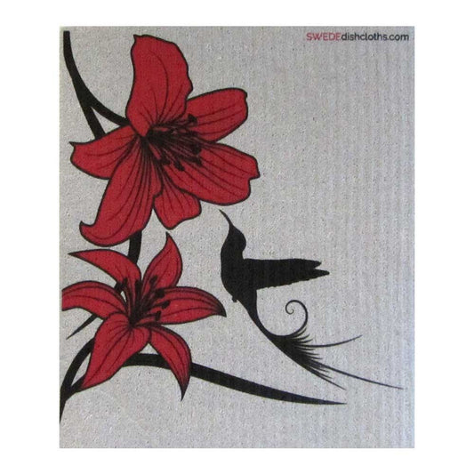 grey swedish dishcloth with two red lilies and a black hummingbird