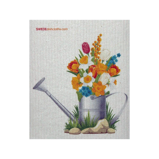 Swededishcloth with a picture of a silver water pail, filled with orange, red, blue and white flowers.