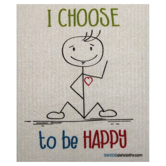 Eco-friendly swedish dishcloth with a stick man and a heart. It says, "I choose to be happy."