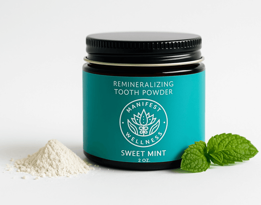 Sweet Mint Remineralizing Tooth Powder by Manifest Wellness with natural ingredients in eco-friendly packaging.