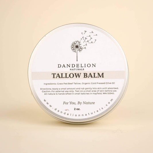 Dandelion Naturals Tallow Balm in a 2 oz tin; a gentle moisturizer for sensitive skin and various skin issues.
