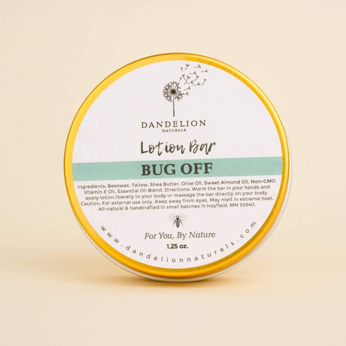 Tallow lotion bar named 'Bug Off' from Dandelion Naturals, 100% natural ingredients, 1.25 oz.