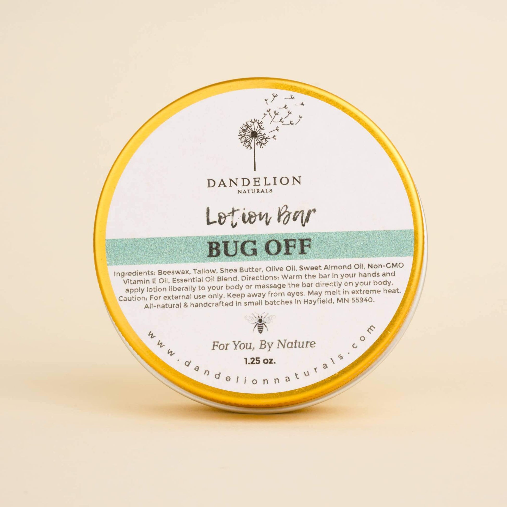 Tallow lotion bar named 'Bug Off' from Dandelion Naturals, 100% natural ingredients, 1.25 oz.