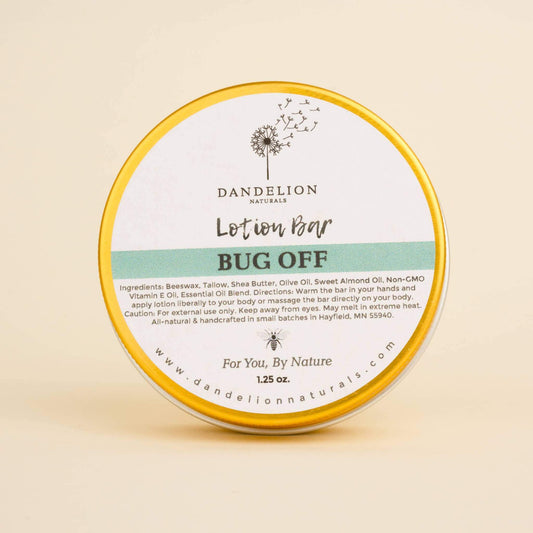 Tallow lotion bar named 'Bug Off' from Dandelion Naturals, 100% natural ingredients, 1.25 oz.