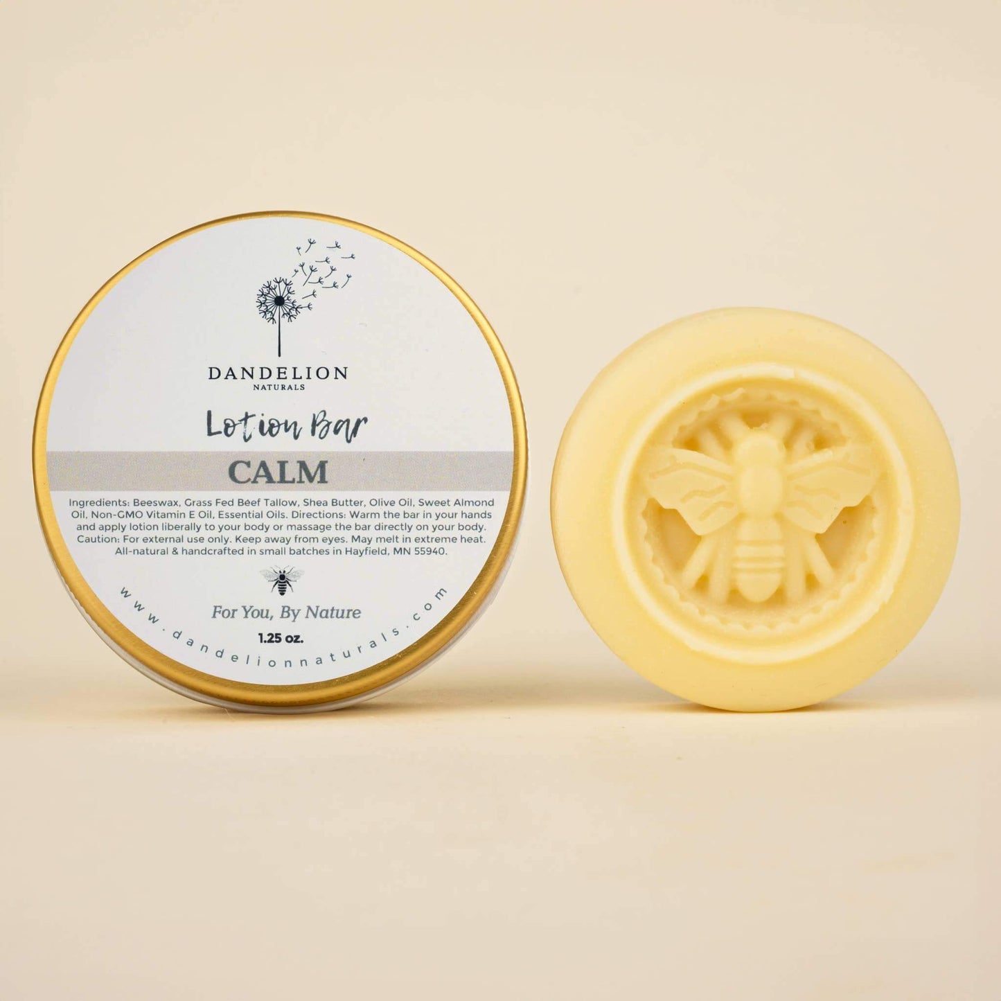 Dandelion Natural Tallow Lotion Bar CALM with bee design, featuring soothing ingredients like lavender and rosemary.