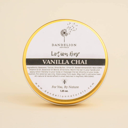 Tallow lotion bar in Vanilla Chai scent by Dandelion Naturals, 100% natural and preservative-free skincare.