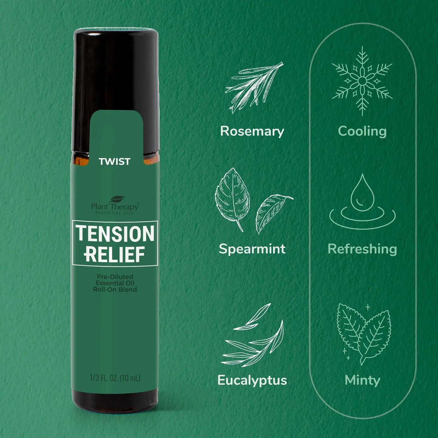 Essential Oil Roll-On for Tension Relief with rosemary, spearmint, eucalyptus benefits for headaches.