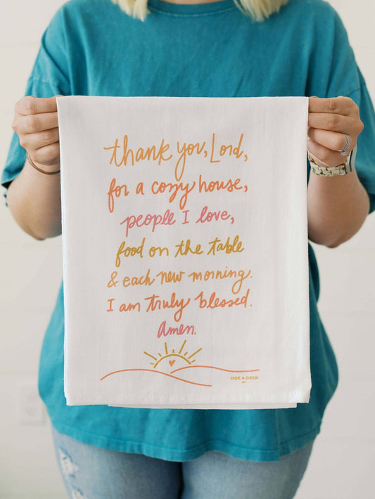 Thank You Lord - Flour Sack Towel | Tea Towel, Everyday held by a woman in a cozy home setting.