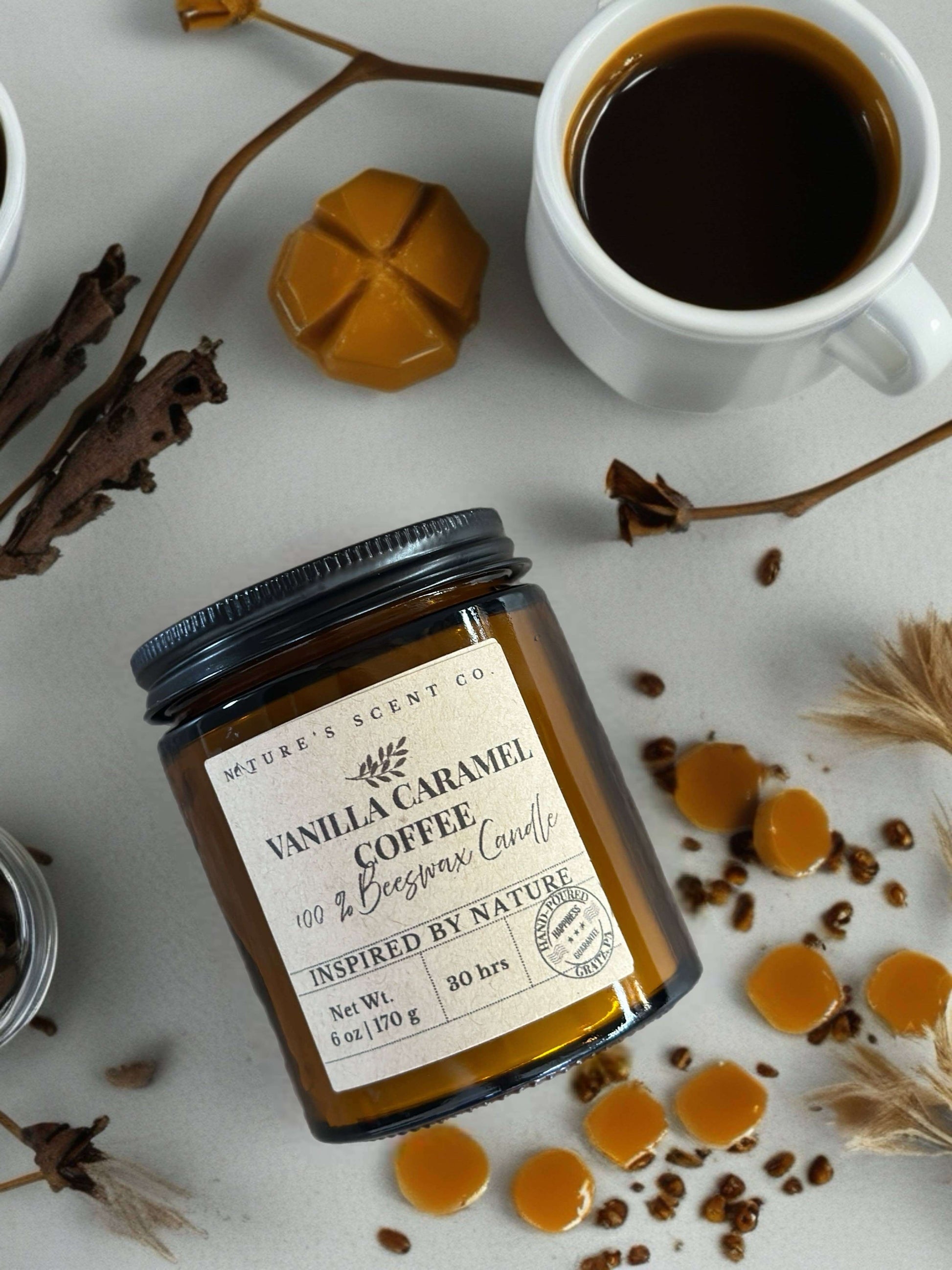 Vanilla Caramel Coffee Beeswax Candle - Non Toxic Candle - Woodwick Candle with coffee and caramel decor.