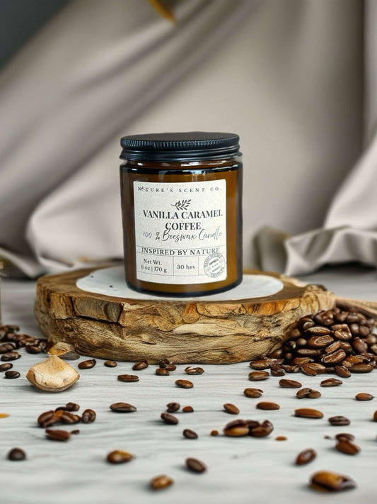 Vanilla Caramel Coffee Beeswax Candle - Non Toxic Candle - Woodwick Candle displayed on wood slice with coffee beans.