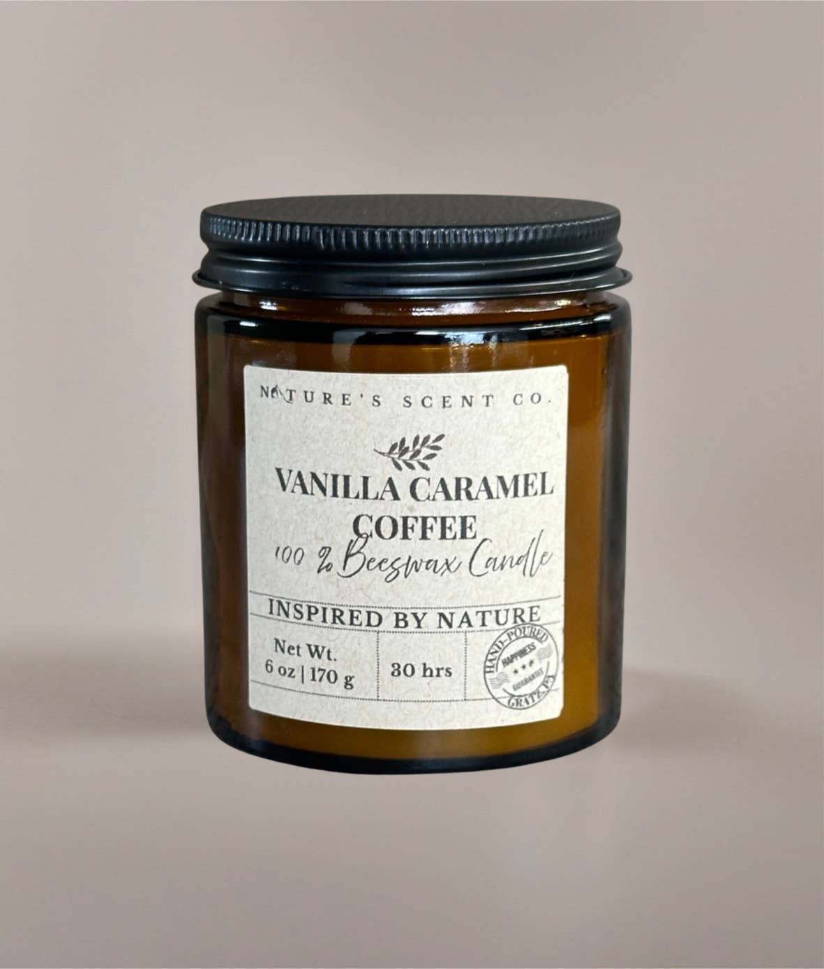 Vanilla Caramel Coffee Beeswax Candle - Non Toxic Candle - Woodwick Candle in glass jar with black lid.