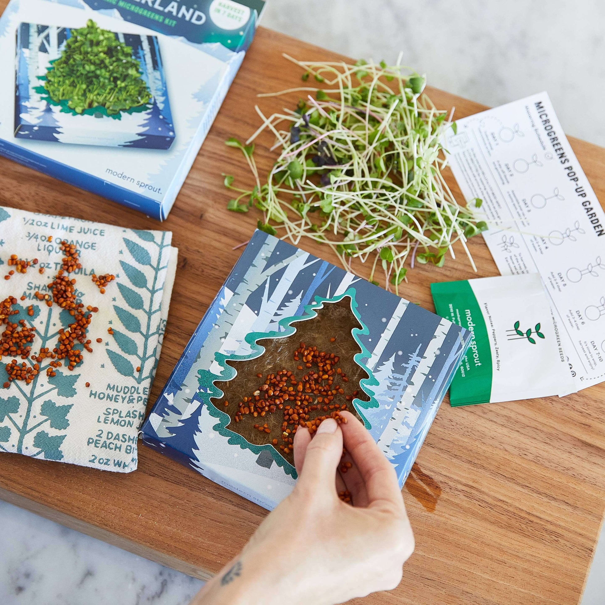 Winter Wonderland Microgreens Kit displayed with seeds and instructions for growing healthy microgreens.