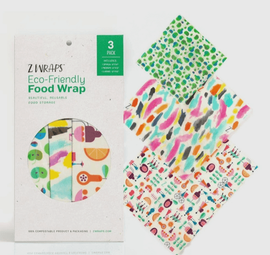 z wraps, reusable beeswax wraps, in a 3 pack with pear, painter's palette and out and about designs.
